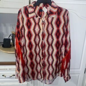 Vibrant Red Patterned Women's Western Blouse with Fringe XL Snap Pearl Buttons